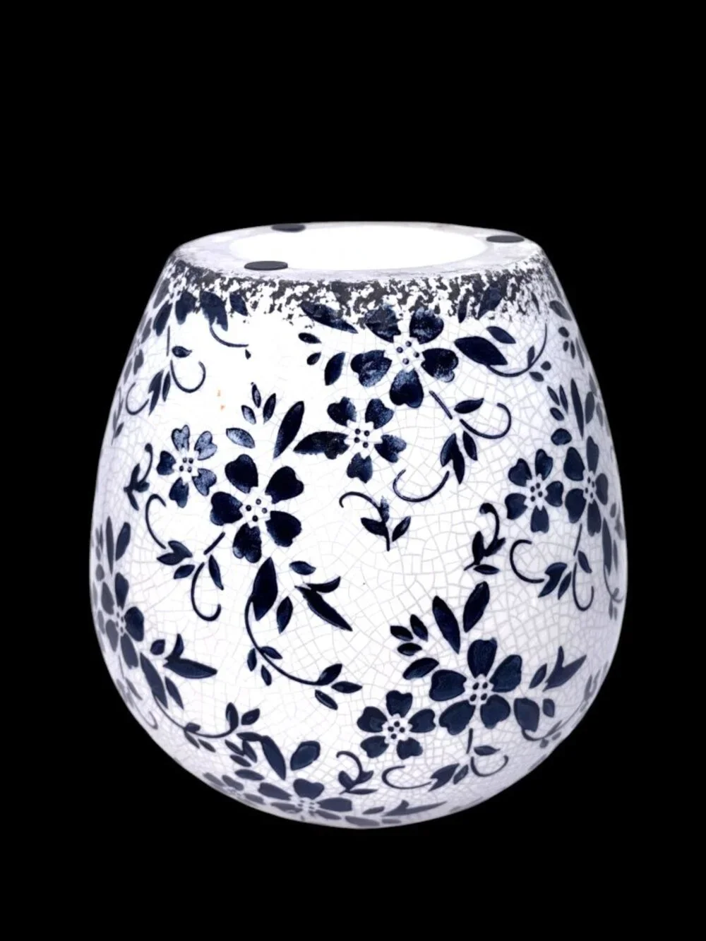 Vintage Blue White Crackle Glaze Ceramic Cachepot Planter Vase Floral 7.25